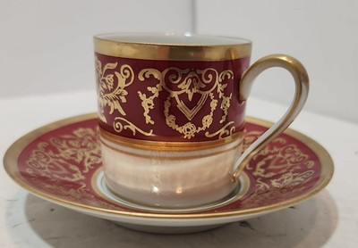 Eschenbach Bavaria Demitasse Espresso Tea Cup & Saucer 1940's Gothic Red & Gold