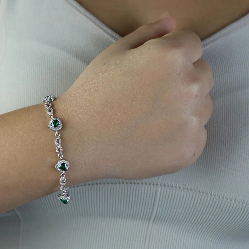 Silver Emerald Heart Bracelet, Tiny Heart Infinity Emerald Tennis Bracelet - Image 2 of 4