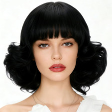 Black Short Bob Wig with Bangs for Women Natural Curly Wigs