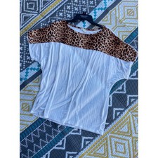 BIBI Womens Leopard Print Colorblock Ribbed Knit Short Sleeve Top White XL