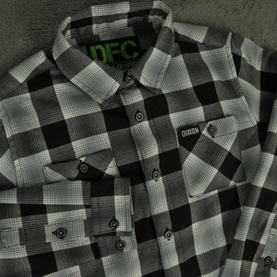 Dixxon Flannel Co Shirt Youth Medium Black Grey Buffalo Plaid D-Tech Button Up