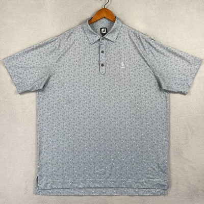 Footjoy Polo Shirt Men XL Blue Floral Bouquet Micro Print Short Sleeve Golf EUC