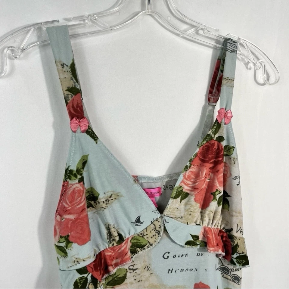 Camiseta sin mangas Betsey Johnson Y2K rosa diseño mapa floral detalle lazo cami babydoll M Foto 2 de 4