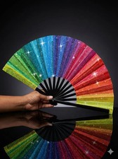 Rainbow Glitter Clack Fan: Oversized Folding Hand Fan