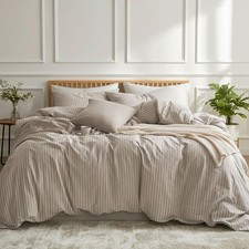 Brown Striped Duvet Cover Queen Size 100 Washed Cotton White Pinstripe Duvet...
