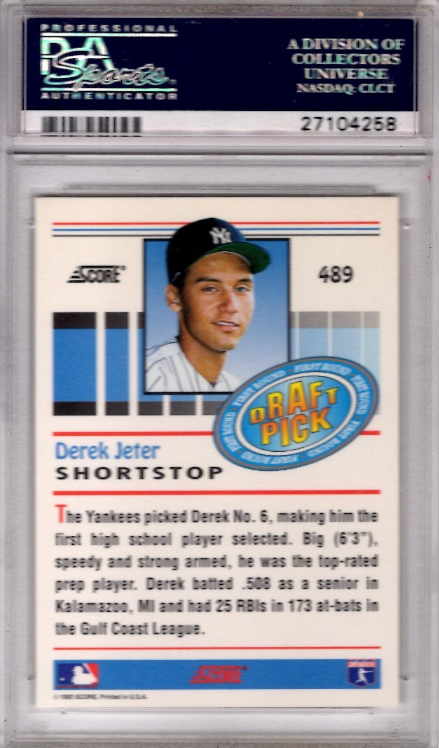 1993 Score Derek Jeter PSA 9 Mint # 489 RC Rookie view 2
