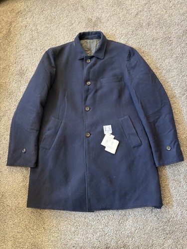 BRUNELLO CUCINELLI Cashmere Wool Coat Navy Men’s Size 56 Italy FLAW NWT
