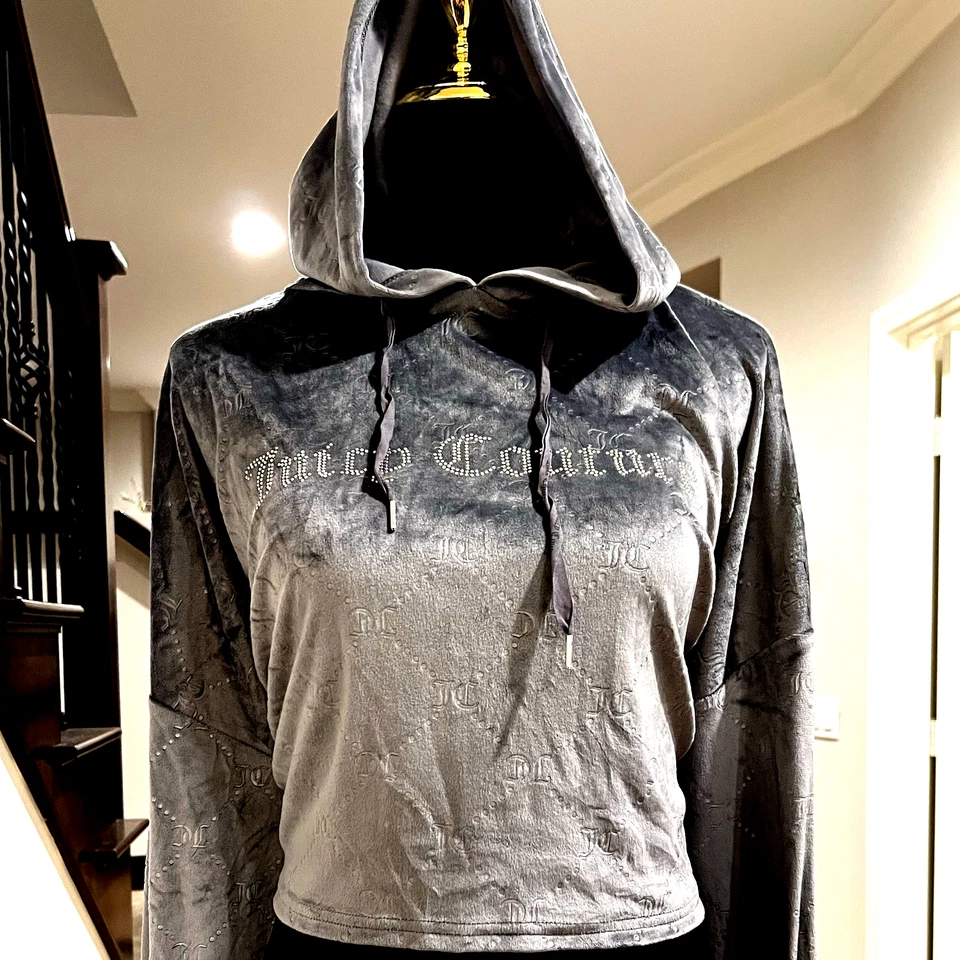 Juicy Couture Cropped Hoodie Women Grey Velour Diamond Logo - Size XL - Image 4 of 4