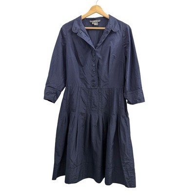 Per Se Womens Navy Blue Silk Cotton Pleated Button Front Midi Dress Size 8