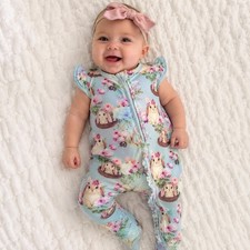 Bums Roses Bamboo Ruffle Zippy Romper Blue Floral Bunny Easter 3-6 Months
