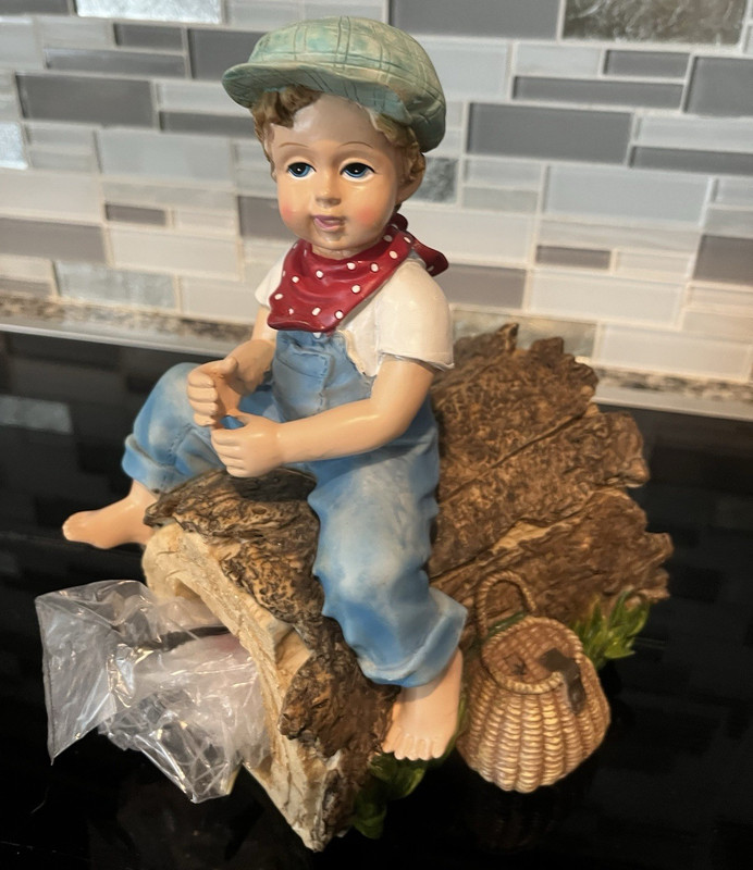 RARE Boy Sitting on Log Downspout - Gutter spout w/ Blue Overalls & Green Cap