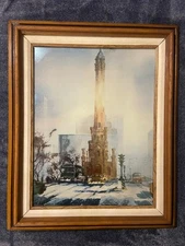 Tom Lynch, Chicago Water Tower Painting, Vintage Rare Art Lithograph On Metal