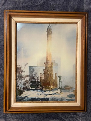 Tom Lynch, Chicago Water Tower Painting, Vintage Rare Art