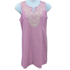 Talbots Dress 12 Petite Lilac Embroidered Linen Coastal Boho Scandi Resort Work