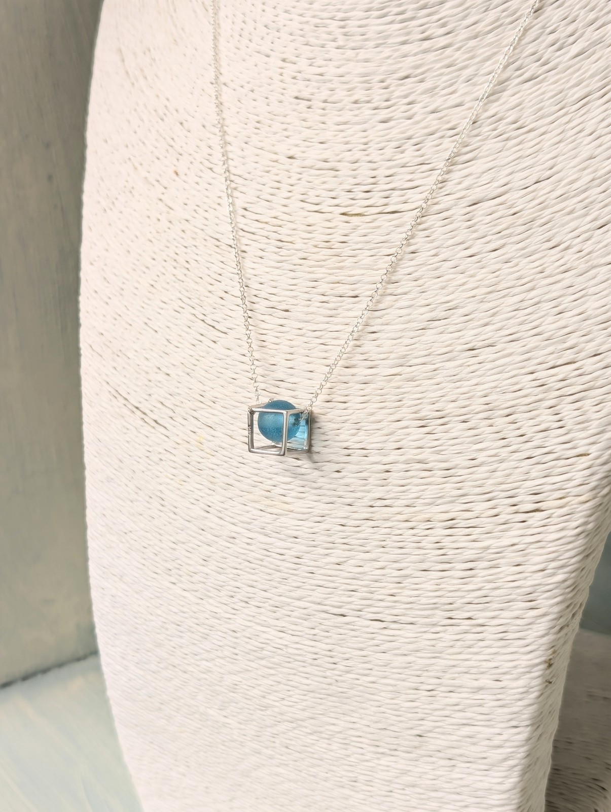 Sterling Silver Cube Fidget Necklace with Rare Blue Sea Glass Bead