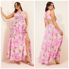 ASTR The Label Noya Maxi Dress Pink Floral Pleated Cut Out Lace Up 1X