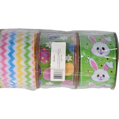3 Rolls 30 Yards Easter 2.5'' Wired Edge Ribbon Eggs Bunny Striped Crafts New