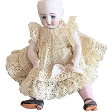 Antique Bisque Jointed  Miniature Pocket Doll 4.5” Lace Dress Sleepy Glass Eyes