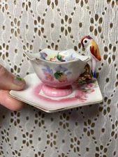 Miniature MT Hand Painted Teacup & Saucer with Parrot JAPAN Estate Sale Find!