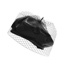 Womens Faux Leather Fascinator Beret Hat with Veil Artist Beanie Cap Black New