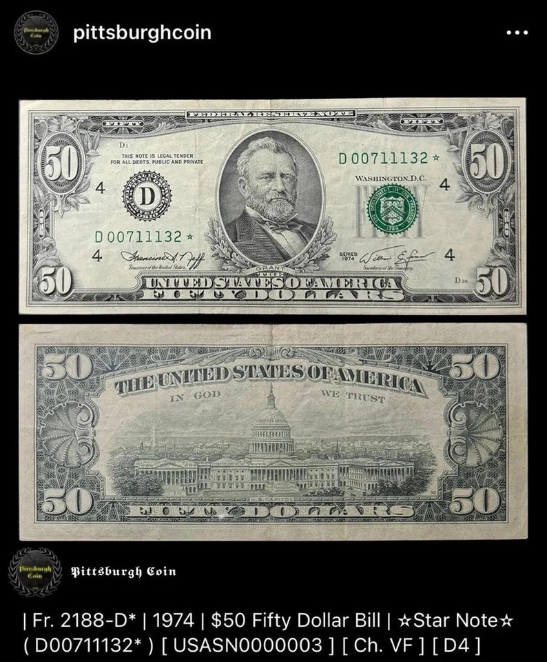 1974 $50 Fifty Dollar Bill Star Note Cleveland OH Vintage Banknote FR 2118-D* D4 - Image 2 of 2