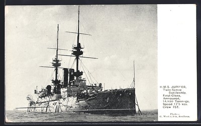 Postcard Warship HMS Jupiter, First Class Battleship 