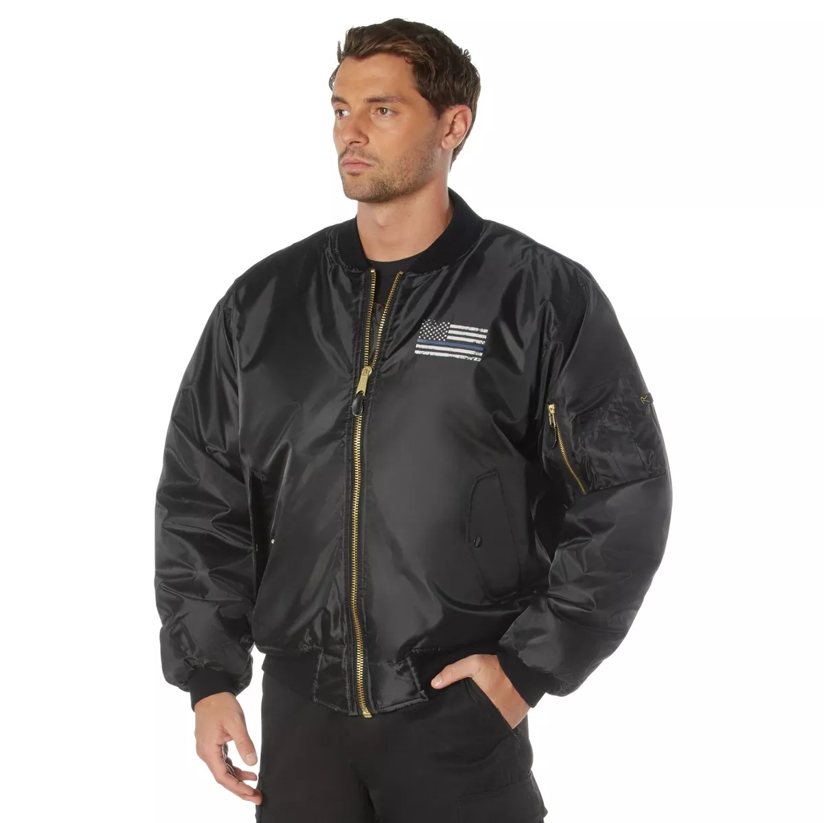Thin Blue Line Flag MA-1 Flight Jacket - Black Reversible Bomber