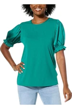 DG2 by DianeGilman Silk&Jersey Knit Combo Puff-Slv Top Rainforest