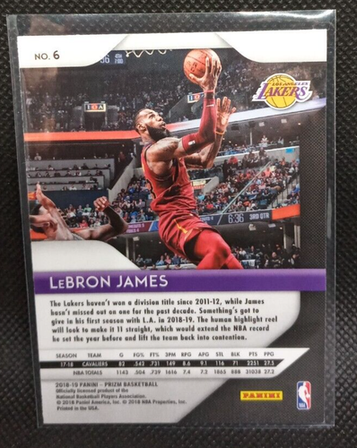 2018-19 Panini Prizm LeBron James #6 Lakers - Picture 2 of 2