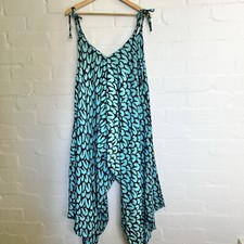 Aqua teal blue/green and black print tie-up tank top palazzo jumpsuit