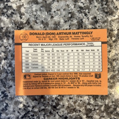 Rare DON MATTINGLY 1990 Donruss ERROR Card #190 NO DOT AFTER INC 