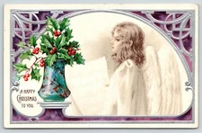 Christmas~Pretty Blonde Angel Girl Profile~Holly Berry Vase~Purple Silver~1907