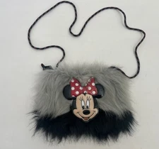Disney Minnie Mouse Kids Small Purse Bag Black Gray Faux Fur with Zipper