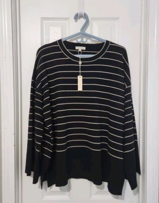 Max Studio Black Ivory Striped Wide 3/4 Sleeve Crew Neck Sweater Sz L NWD
