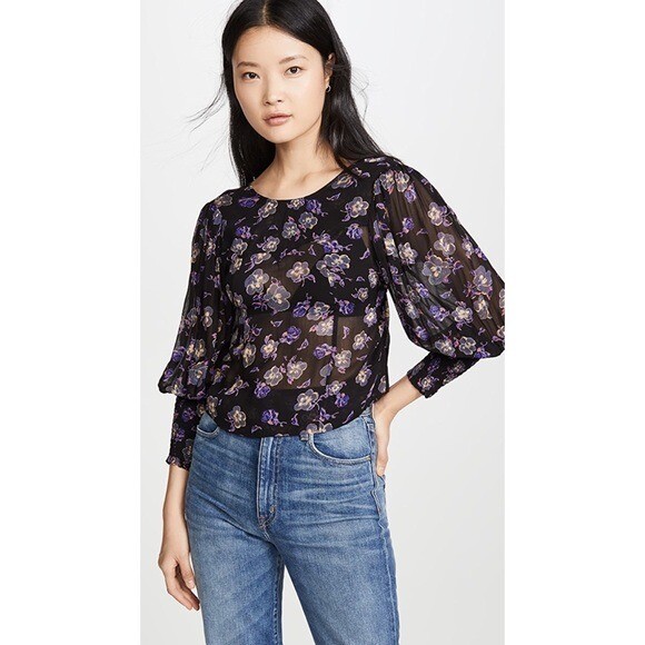 NWT GANNI Printed Georgette Blouse Black Violet Size XS | eBay