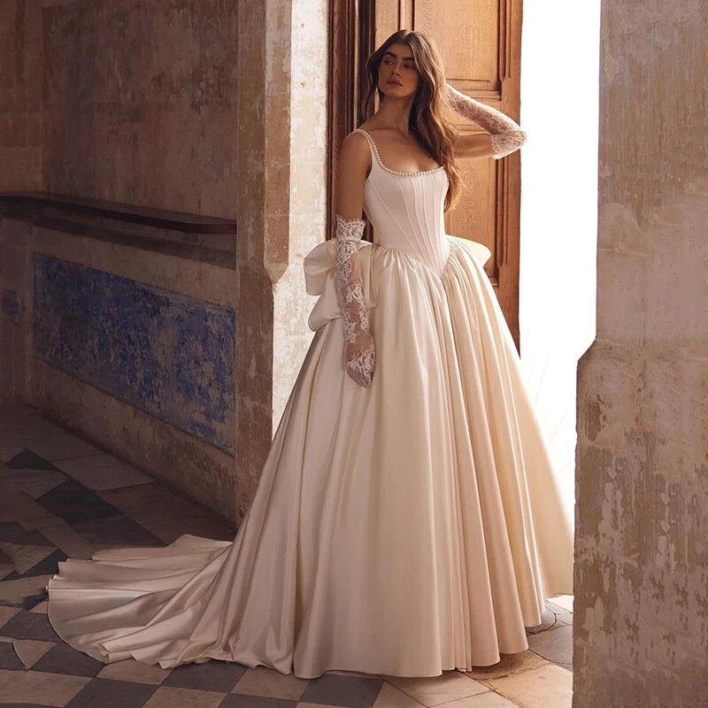 knee length dresses for ladies Simple A-Line Square Neck White Satin Wedding Dresses main image 0