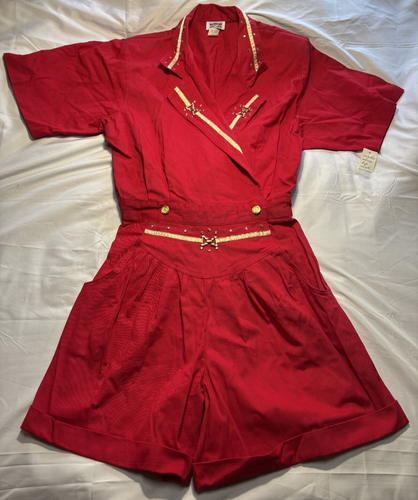 Rio Inc 80s Vintage Jumpsuit Large Red Gold Jeweled Studded Romper 8049 NOS