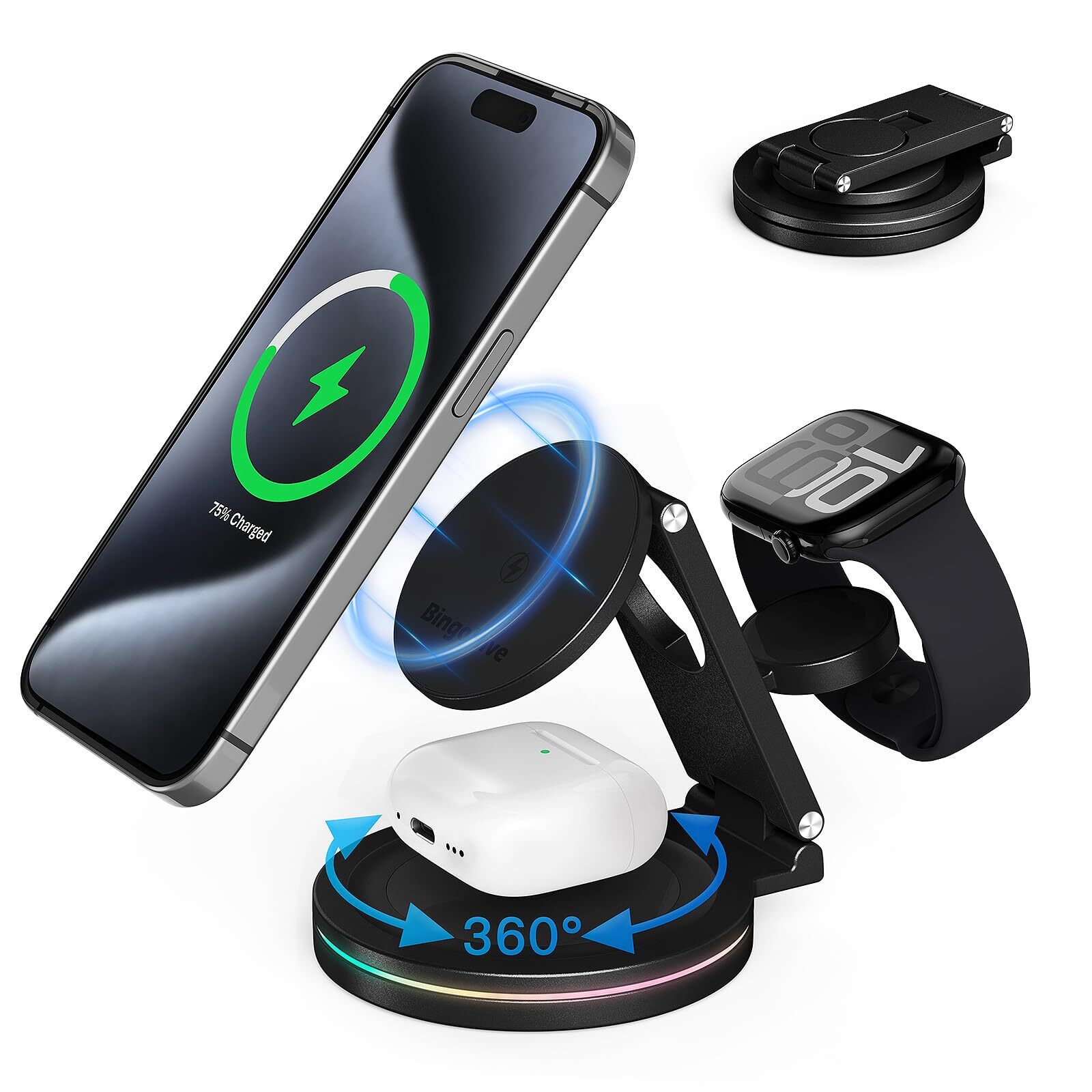 Estación de carga inalámbrica 3 en 1 para iPhone y Apple Watch y AirPods, rotación 360...