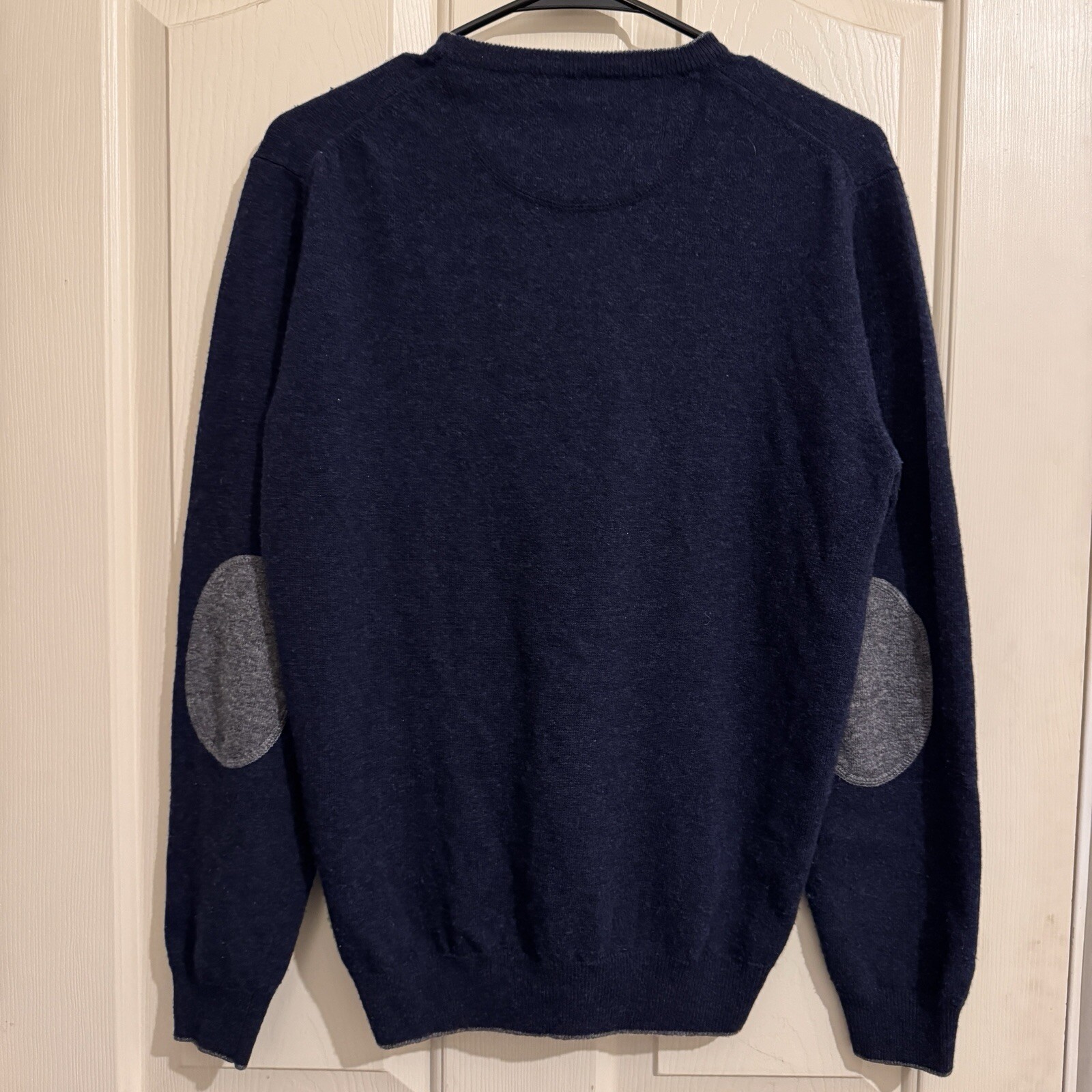ALTEA Men's Medium 100% Virgin Wool Blue Crew Neck Sweater Elbow Patches **Flaws