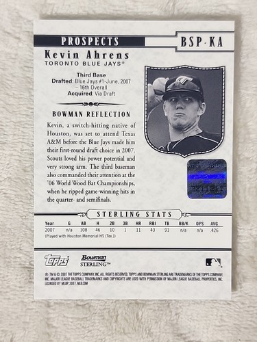 Kevin Ahrens 2007 Bowman Sterling Prospect Auto Toronto Blue Jays #BSP-KA - Picture 2 of 7