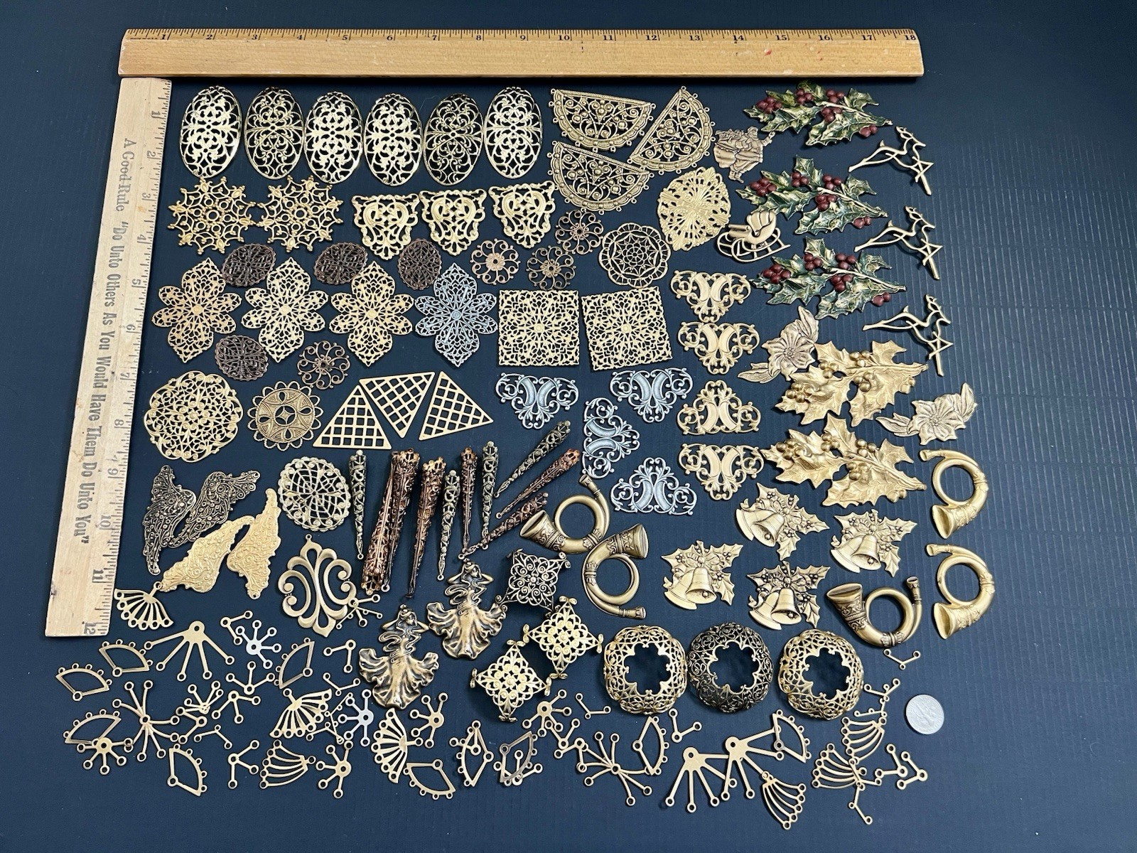 .75 Lbs + Vtg & New Metal Stampings Gold Brass Filigree Connectors Findings Lot