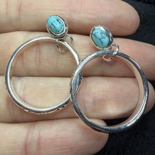Turquoise Silver ToneHoop Dangle Earrings Gemstone Boho Etched Southwestern