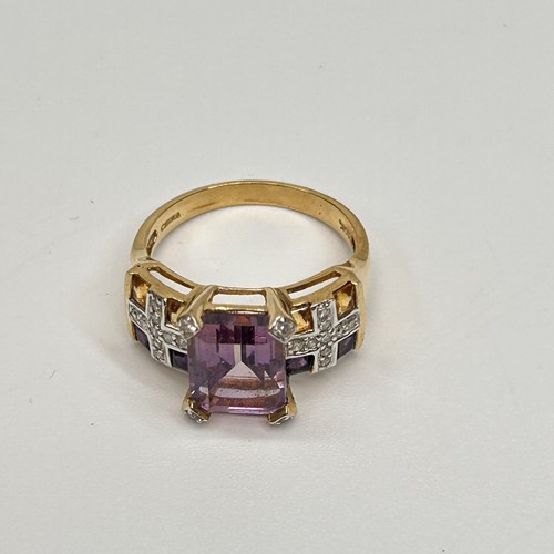 10k Solid Yellow Gold SZ 8 Amethyst Citrine Diamond Cocktail Statement Ring 4.2G - Picture 5 of 8