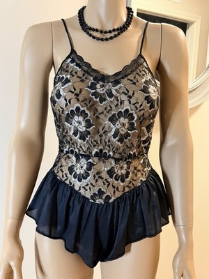 VTG lingerie Lace Silky Nylon Bodysuit Nightie Size S/M High Cut By Underscore