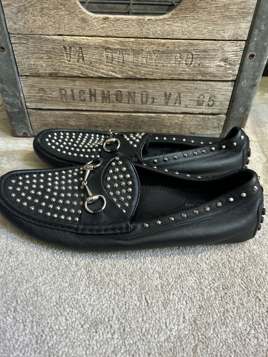 Rare GUCCI men's spike bit driving loafers shoes black w/ silver