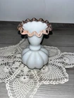 Vintage Fenton White Pink Crest Melon Double Crimped Vase 6.25" H X 4" W