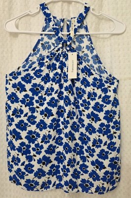 francesca's Women's XS Blue White Floral Halter Sleeveless Rayon Tank Lined