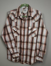 Ely Cattleman Pearl Snap Shirt Brown Tan Plaid Long Sleeve Vintage Size Large