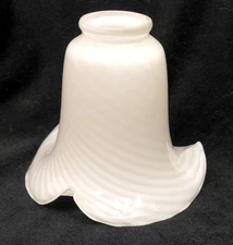 Vtg 2-1/4" Fitter Art Glass Opalescent White Swirl Lamp Shade Ruffle Tulip 6”