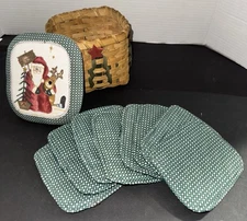 vintage Wooden Woven christmas basket With 8 coasters holiday decor, rare gift